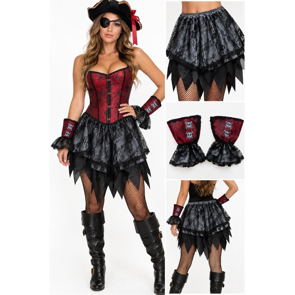 Ladies Pirate Overskirt Costume OS Gothic Lace Skull Cuffs Halloween - Picture 1 of 10